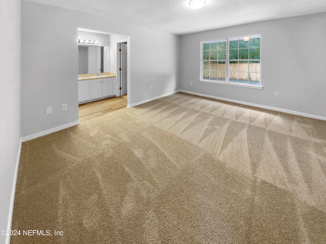 empty room with a textured ceiling, carpet, and sink