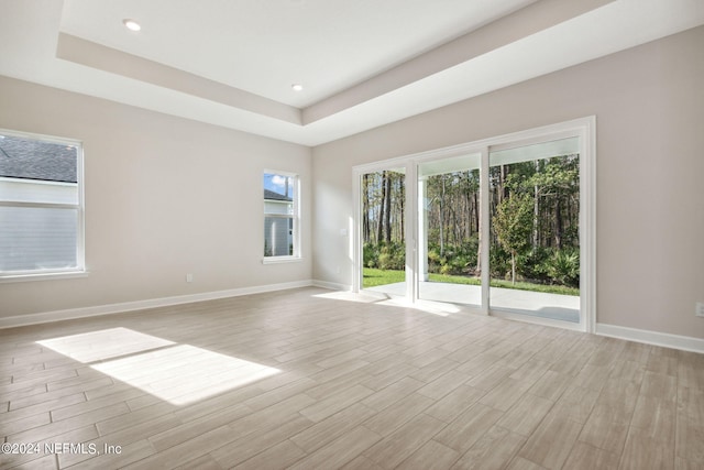 spare room featuring light hardwood / wood-style flooring and a raised ceiling