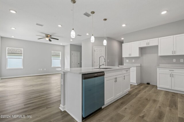 kitchen featuring dishwasher, ceiling fan, and white cabinets