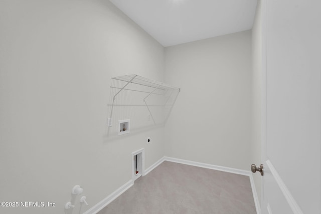 laundry room featuring hookup for a washing machine, gas dryer hookup, hookup for an electric dryer, and light colored carpet