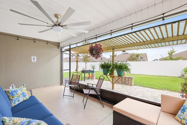 view of patio with ceiling fan and an outdoor living space