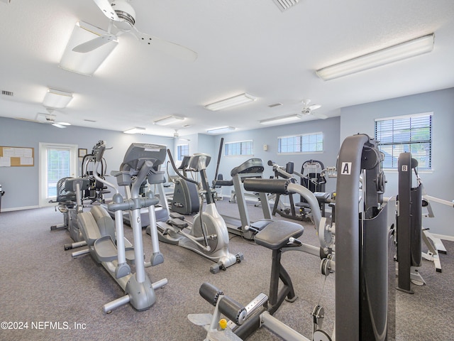 workout area featuring ceiling fan