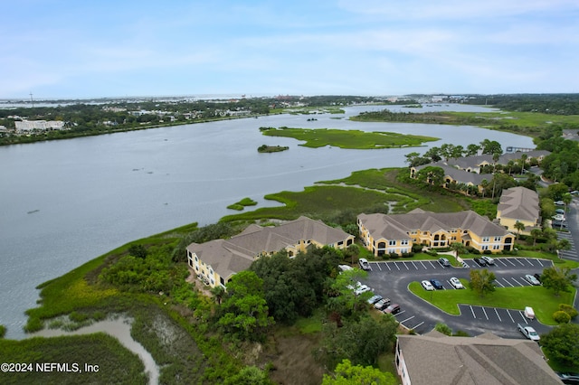 aerial view featuring a water view