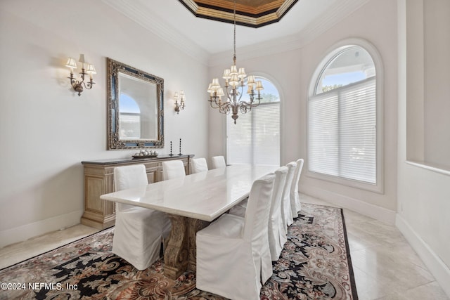 tiled dining room with crown molding and an inviting chandelier