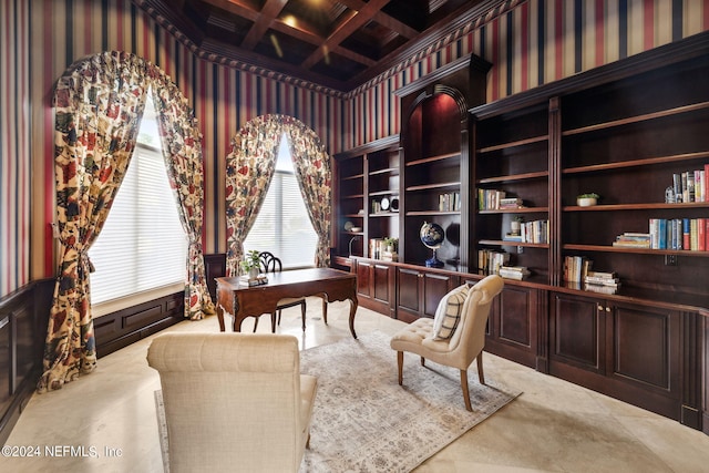 office area with coffered ceiling and beamed ceiling