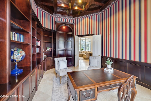 office with beamed ceiling and coffered ceiling