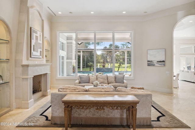 living room with crown molding