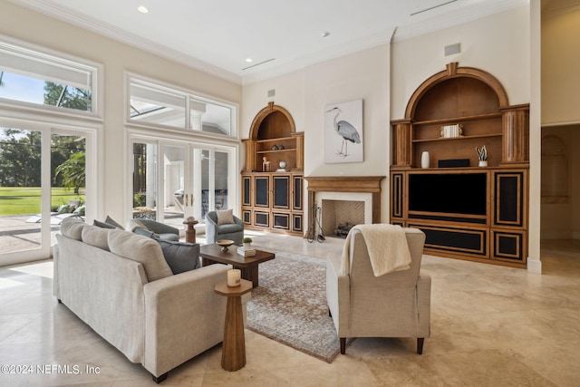 tiled living room featuring ornamental molding