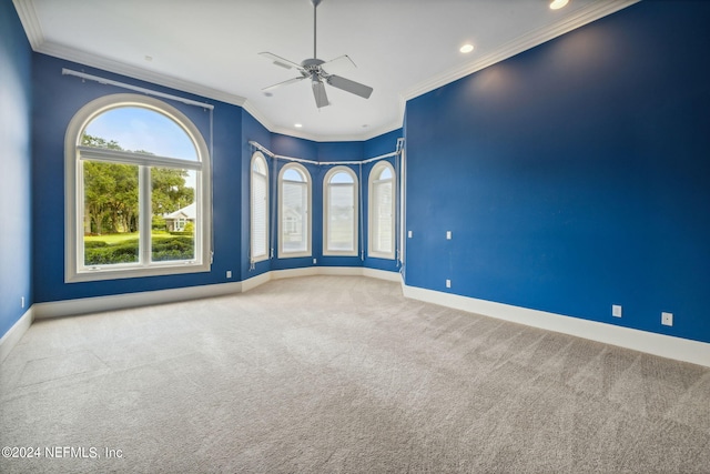 carpeted empty room featuring ornamental molding and ceiling fan