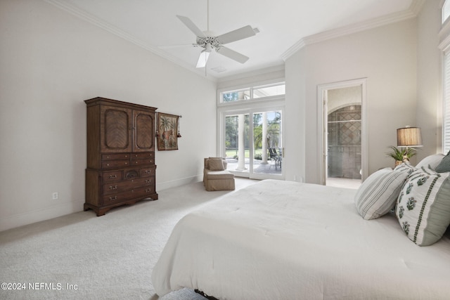 carpeted bedroom with connected bathroom, ceiling fan, crown molding, and access to outside