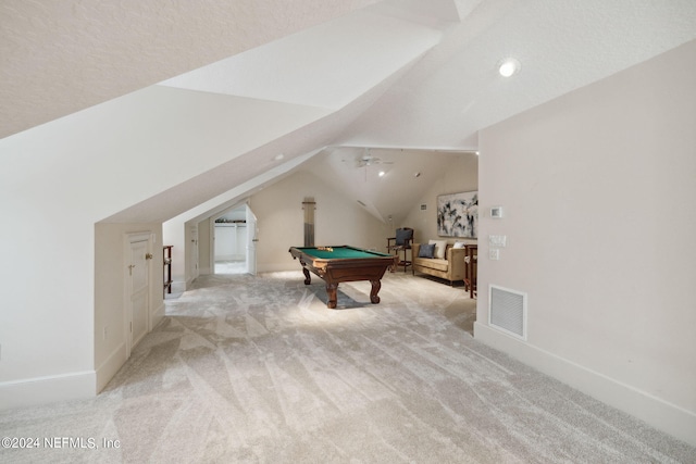 playroom featuring pool table, lofted ceiling, light colored carpet, and ceiling fan