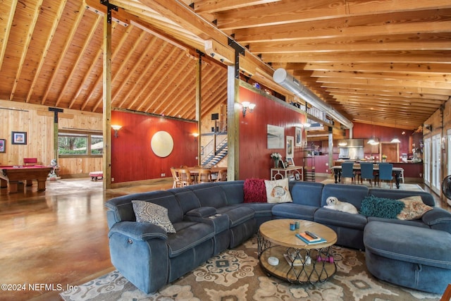 living area featuring vaulted ceiling, wooden ceiling, billiards, and wooden walls