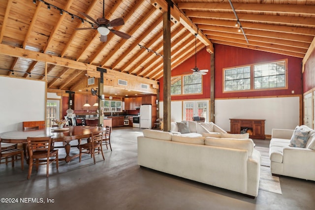 living room with high vaulted ceiling, finished concrete floors, and track lighting