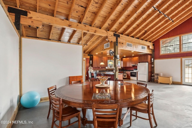 dining room with wooden ceiling, visible vents, and concrete floors