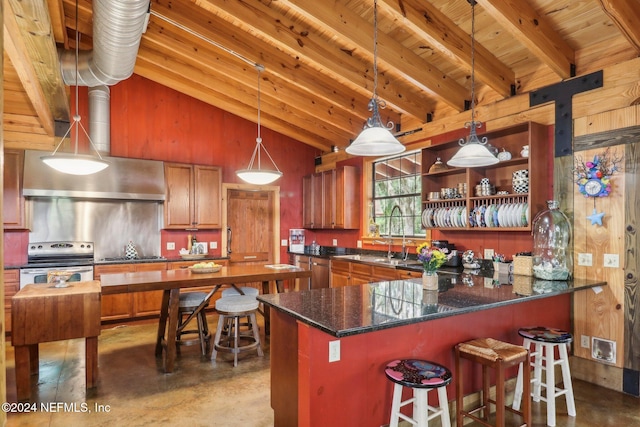 kitchen with beamed ceiling, brown cabinetry, stainless steel range with electric cooktop, a sink, and concrete floors