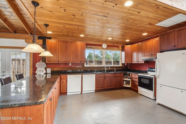 kitchen with wooden ceiling, a sink, white appliances, concrete floors, and under cabinet range hood