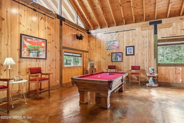 recreation room with billiards, wood ceiling, finished concrete floors, wood walls, and high vaulted ceiling