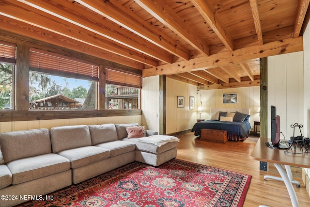 living room featuring wood walls, beamed ceiling, wood finished floors, and wood ceiling