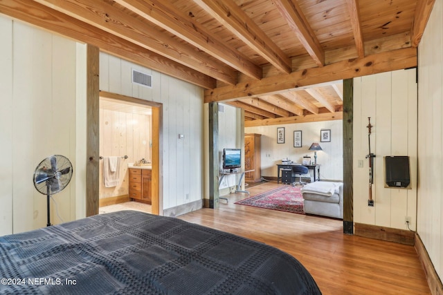 bedroom featuring baseboards, visible vents, wooden ceiling, wood finished floors, and beam ceiling