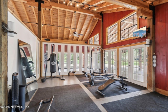 exercise area featuring french doors, ceiling fan, track lighting, high vaulted ceiling, and wooden ceiling