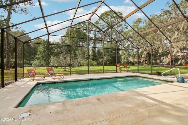 outdoor pool featuring a patio, a lawn, and glass enclosure