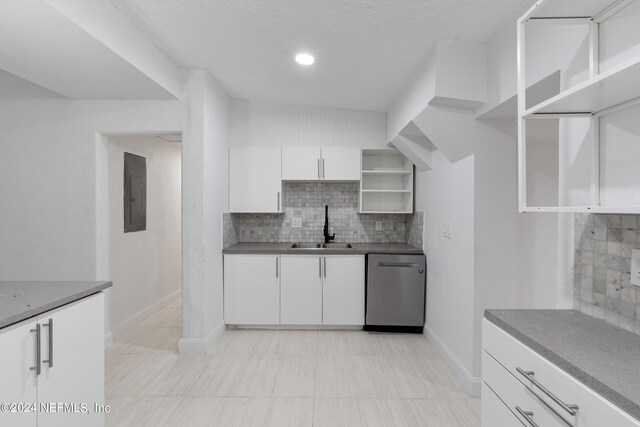 kitchen featuring electric panel, sink, white cabinetry, and stainless steel dishwasher