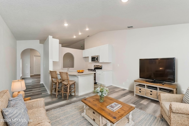 living room featuring hardwood / wood-style flooring, lofted ceiling, and a textured ceiling