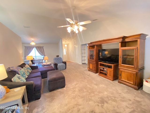 carpeted living room featuring ceiling fan