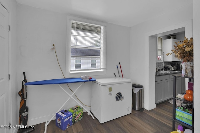 laundry area with dark hardwood / wood-style flooring