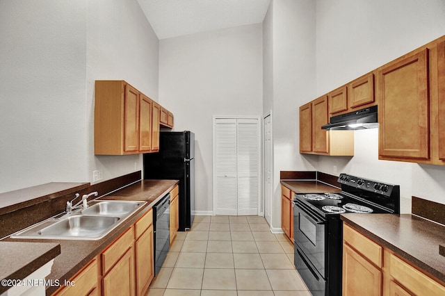 kitchen featuring black appliances, high vaulted ceiling, light tile patterned floors, and sink