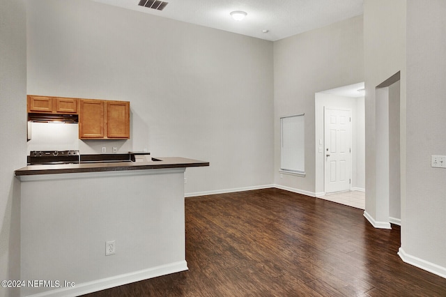 kitchen with a textured ceiling, dark wood-type flooring, kitchen peninsula, black range oven, and a towering ceiling