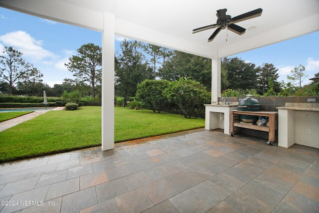 view of patio / terrace featuring area for grilling, ceiling fan, and an outdoor kitchen