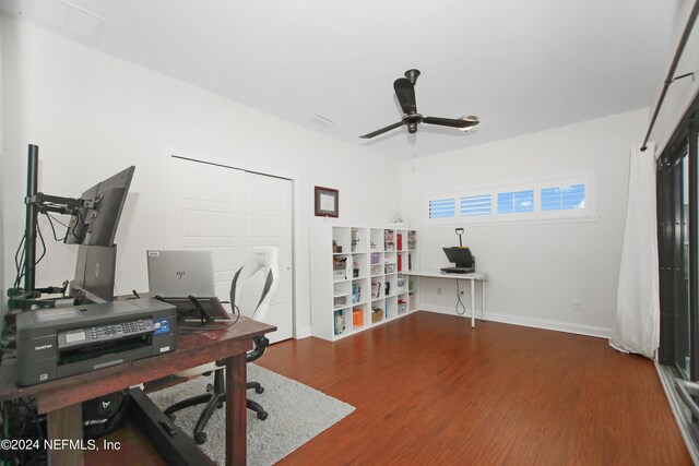 office space featuring ceiling fan and hardwood / wood-style floors