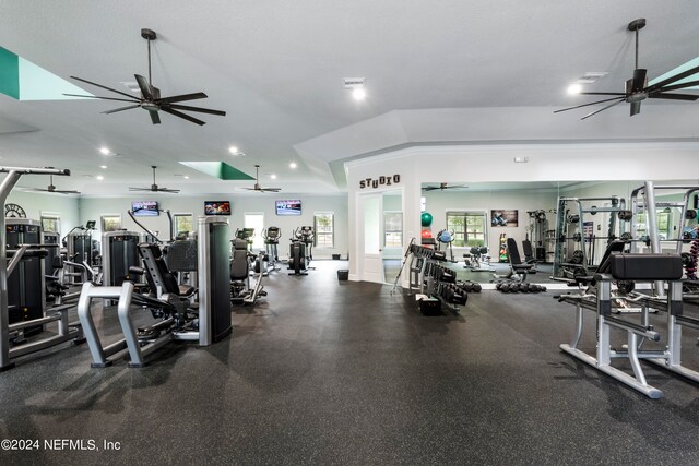 workout area featuring ceiling fan