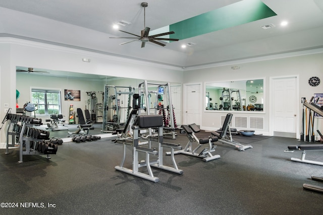 gym featuring ornamental molding and ceiling fan