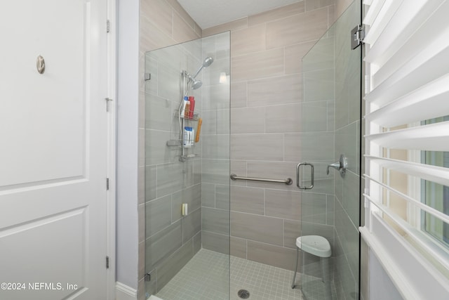 bathroom featuring a shower with door