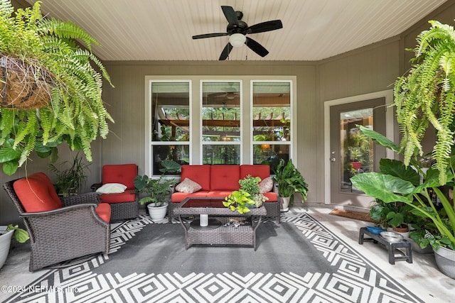 view of patio with outdoor lounge area and ceiling fan