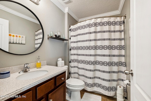 bathroom featuring vanity, a textured ceiling, crown molding, toilet, and a shower with curtain