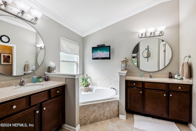 bathroom with a relaxing tiled tub, vanity, tile patterned flooring, and ornamental molding