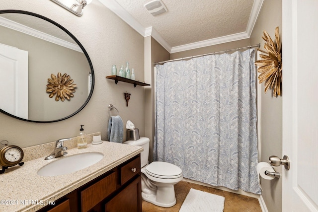 bathroom with a textured ceiling, a shower with shower curtain, ornamental molding, vanity, and toilet