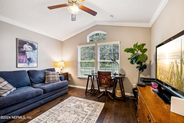 living room with ceiling fan, crown molding, dark hardwood / wood-style flooring, and a wealth of natural light