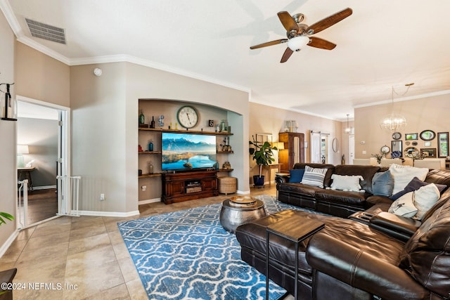 living room with ceiling fan with notable chandelier, crown molding, and light tile patterned floors