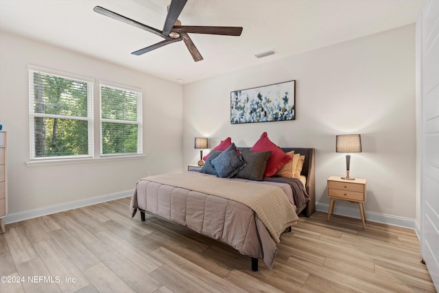 bedroom featuring light wood-type flooring and ceiling fan