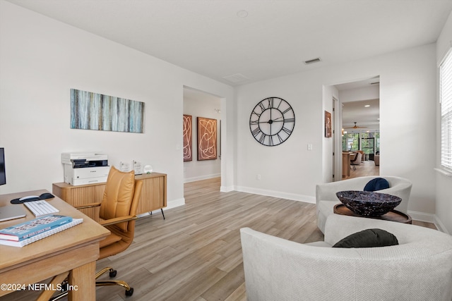 office space with light hardwood / wood-style flooring and ceiling fan