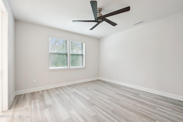 spare room with light wood finished floors, visible vents, baseboards, and a ceiling fan