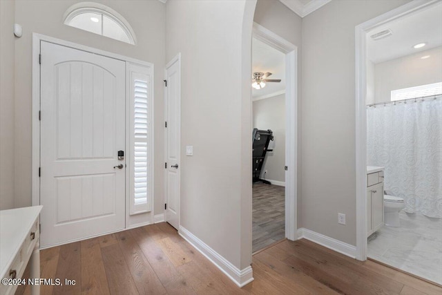 foyer entrance with light hardwood / wood-style flooring, ceiling fan, and plenty of natural light