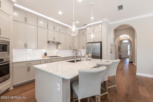 kitchen with a kitchen island with sink, sink, dark wood-type flooring, and stainless steel appliances