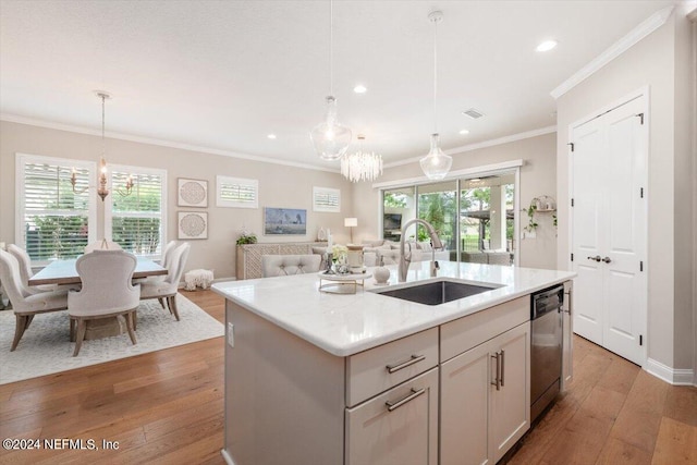 kitchen featuring light wood-type flooring, a kitchen island with sink, sink, and plenty of natural light