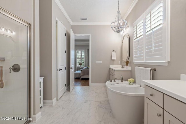 bathroom with an inviting chandelier, independent shower and bath, a healthy amount of sunlight, and crown molding