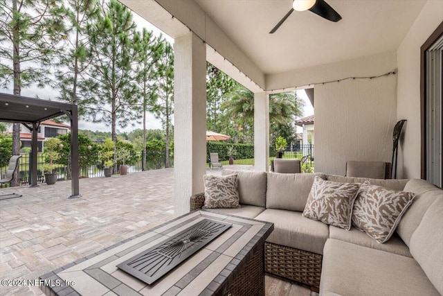 view of patio featuring ceiling fan and an outdoor hangout area